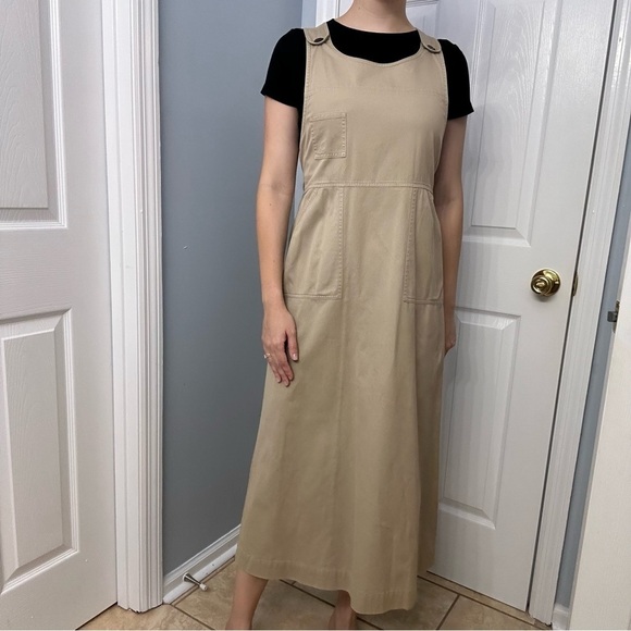 Vintage Dress Midi Modest Pinafore Khaki Work Minimalist Cotton Size Small - Picture 6 of 6